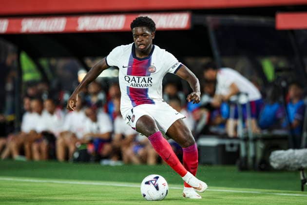 Quentin Ndjantou (PSG Paris Saint-Germain) controls the ball during the during the pre-season friendly match between RCD Mallorca and Paris Saint-Germain at Estadi Son Moix on August 5, 2026 in Palma de Mallorca, Spain. (Photo by Xavi Bonilla DeFodi Images) -