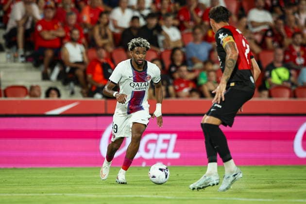 Ibrahim Mbaye (PSG Paris Saint-Germain) controls the ball during the during the pre-season friendly match between RCD Mallorca and Paris Saint-Germain at Estadi Son Moix on August 5, 2026 in Palma de Mallorca, Spain. (Photo by Xavi Bonilla DeFodi Images) -