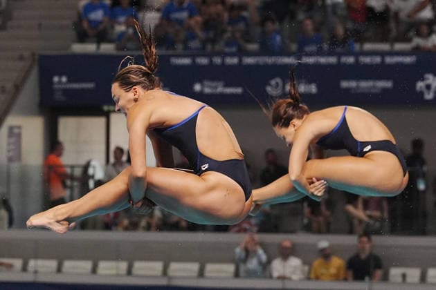 Women s Synchronised 3m Springboard, Chiara PELLACANI, Elisa PIZZINI from Italy, gold medal at the European Aquatics Championships Paris 2026, Paris, August 06, 2026 .  Copyright: xGianxMattiaxD Alberto LaPressex