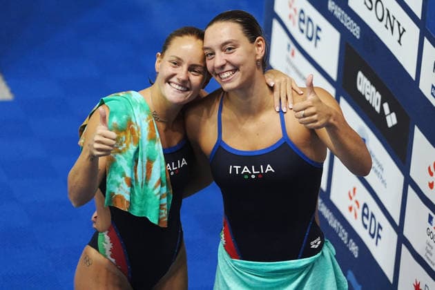 Women s Synchronised 3m Springboard, Chiara PELLACANI, Elisa PIZZINI from Italy, gold medal at the European Aquatics Championships Paris 2026, Paris, August 06, 2026 .  Copyright: xGianxMattiaxD Alberto LaPressex