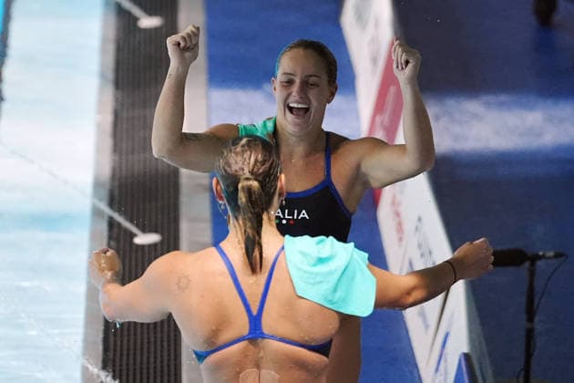 Women s Synchronised 3m Springboard, Chiara PELLACANI, Elisa PIZZINI from Italy, gold medal at the European Aquatics Championships Paris 2026, Paris, August 06, 2026 .  Copyright: xGianxMattiaxD Alberto LaPressex