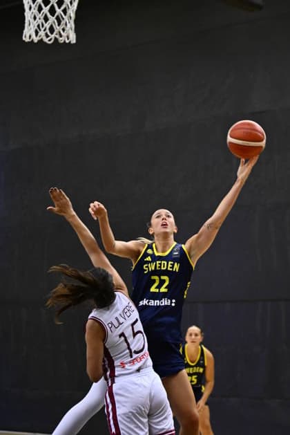 STOCKHOLM, SWEDEN 20260806 Sweden s Tilda Trygger and Latvia s Aleksa Gulbe during the international training match before the European Basketball Championship between Sweden and Latvia at Fryshuset. STOCKHOLM SWEDEN x10040x