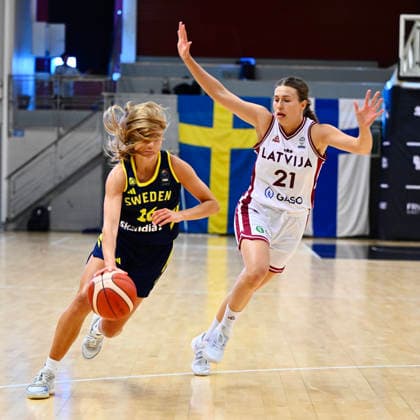 STOCKHOLM, SWEDEN 20260806 Sweden s Tilda Trygger and Latvia s Aleksa Gulbe during the international training match before the European Basketball Championship between Sweden and Latvia at Fryshuset. STOCKHOLM SWEDEN x10040x