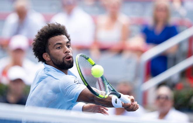 August 6, 2026, Montreal, Pq, Canada: Arthur Fils of France hits a return to Mariano Navone of Argentina during third round tennis action at the National Bank Open in Montreal on Thursday, Aug. 6, 2026. Canada News - August 6, 2026  - ZUMAc35_ 20260806_zaf_c35_015 Copyright: xChristinnexMuschix