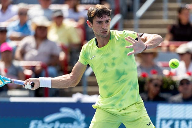 August 6, 2026, Montreal, Quebec, Canada: MARIANO NAVONE from Argentina forehand in match against Arthur Fils (18) from France in third round at Canadian Open at IGA stadium in Montreal, Quebec, Canada on 2026-08-06 TENNIS: Canadian Open Montreal 2026  - ZUMAl189 20260806_zsp_l189_013 Copyright: xYannickxLegarex