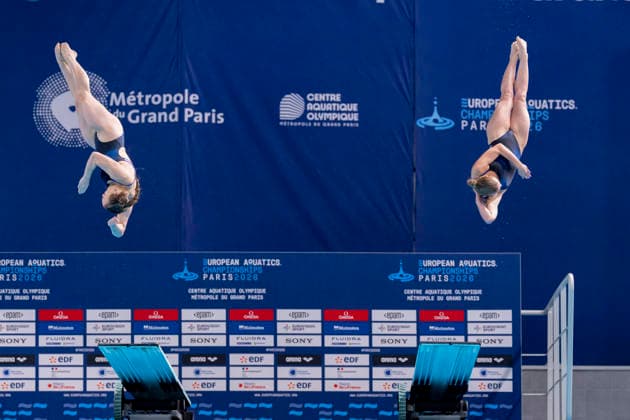 France, Paris, Centre Aquatique Olympique Metropole du Grand Paris, 06.08.2026, European Aquatics Championships Artistic Swimming, Day 7, Women™s Synchronised 3m Springboard Final, Lena Hentschel and Jette Mueller of Germany, Photo by Eibner Pressefoto Tino Henschel European Aquatics Championships Artistic Swimming, Day 7, Women™s Synchronised 3m Springboard Final Paris Copyright: xEibnerxPressefotox