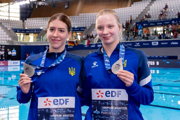 France, Paris, Centre Aquatique Olympique Metropole du Grand Paris, 06.08.2026, European Aquatics Championships Artistic Swimming, Day 7, Womans Synchronised 3m Springboard , Kseniia Bochek and Diana Karnafel of Ukraine, Photo by Eibner Pressefoto Tino Henschel European Aquatics Championships Artistic Swimming, Day 7, Womans Synchronised 3m Springboard Paris Copyright: xEibnerxPressefotox