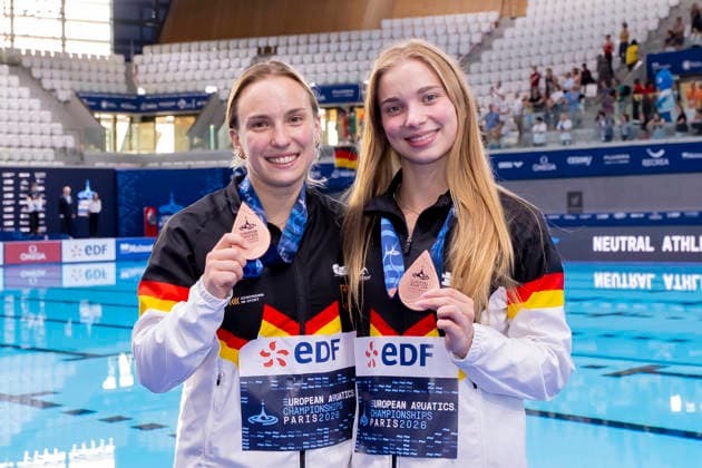France, Paris, Centre Aquatique Olympique Metropole du Grand Paris, 06.08.2026, European Aquatics Championships Artistic Swimming, Day 7, Womans Synchronised 3m Springboard , Lena Hentschel and Jette Mueller of Germany, Photo by Eibner Pressefoto Tino Henschel European Aquatics Championships Artistic Swimming, Day 7, Womans Synchronised 3m Springboard Paris Copyright: xEibnerxPressefotox