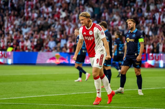 AMSTERDAM, NETHERLANDS - AUGUST 6: Kasper Dolberg of AFC Ajax celebrates after scoring his team s third goal during the UEFA Conference League 2026 27 third qualifying round first leg match between AFC Ajax and Shelbourne FC at the Johan Cruijff Arena on August 6, 2026 in Amsterdam, Netherlands.  Copyright: xRenexNijhuis MBxMediax