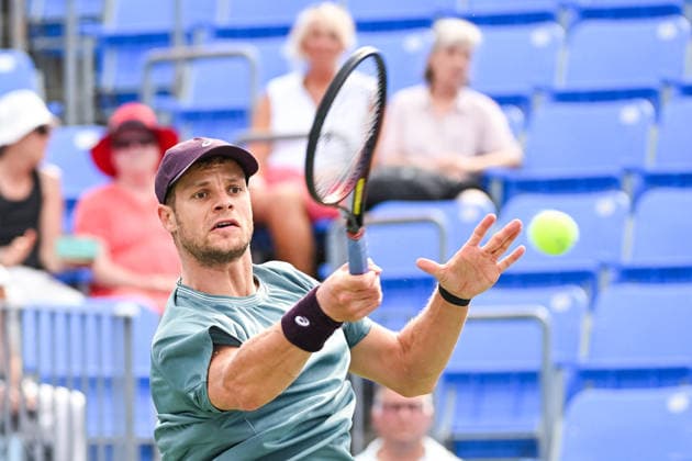 MONTREAL, QC - AUGUST 06: Yannick Hanfmann (GER) returns the ball during a third round match at National Bank Open on August 06, 2026 at IGA Stadium in Montreal, QC (Photo by David Kirouac Icon Sportswire) TENNIS: AUG 06 National Bank Open EDITORIAL USE ONLY Icon26080602426