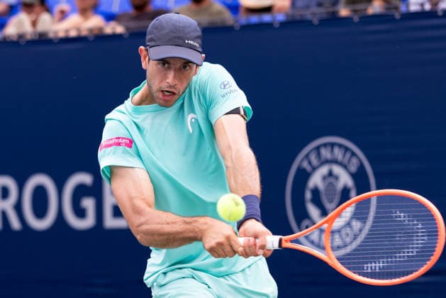 August 6, 2026, Montreal, Quebec, Canada: NUNO BORGES from Portugal backhand in match against Yannick Hanfmann from Germany in third round at Canadian Open at IGA stadium in Montreal, Quebec, Canada on 2026-08-06 TENNIS: Canadian Open Montreal 2026  - ZUMAl189 20260806_zsp_l189_064 Copyright: xYannickxLegarex