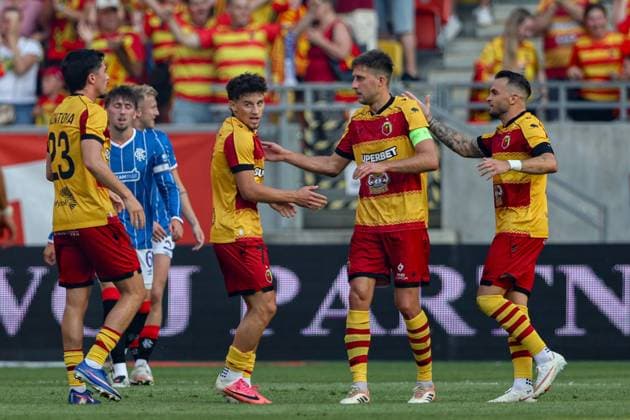 UEFA Europa League 2026 2027 match Jagiellonia Bialystok and Rangers FC in Bialystok, Poland - 06 Aug 2026 Guilherme Manuel Serano Montoia of Jagielloni Bialystok (23), Kajetan Szmyt (7), Taras Romanczuk (6) and Jesus Imaz Balleste of Jagiellonia Bialystok celebrate after scoring a goal during the UEFA Europa League 2026 2027 match between Jagiellonia Bialystok and Rangers FC at Chorten Arena (Bialystok). UEFA Europa League 2026 2027 match between Jagiellonia Bialystok and Rangers FC Jagiellonia Bialystok 2 - 1 Rangers FC Bialystok Poland Copyright: xGrzegorzxWajdax xSOPAxImagesx Grzegorz-Wajda-1441054