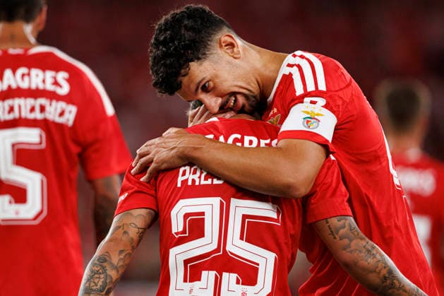 August 6, 2026, Lisbon, Portugal: Gianluca Prestianni and Tomas Araujo (SL Benfica) seen celebrating after scoring a goal during the UEFA Europa League third round qualifying game between teams of SL Benfica and Heart of Midlothian FC at Estadio Da Luz. Final score; SL Benfica 6:1 Heart of Midlothian FC SL Benfica Vs Heart Of Midlothian FC In Lisbon - 06 Aug 2026  - ZUMAs197 20260806_aaa_s197_210 Copyright: xMaciejxRogowskix