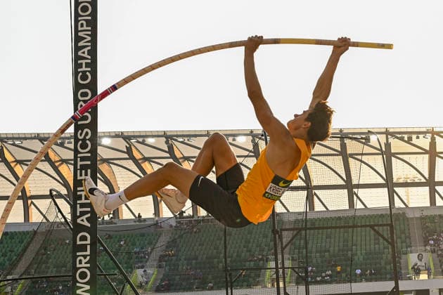 World Athletics U20 Championships Oregon 2026 EUGENE, UNITED STATES OF AMERICA - AUGUST 7, 2026 : Ben Silas Kribelbauer (GER) competes in the pole vault during the World Athletics U20 Championships Oregon 2026 at Hayward Field on August 7, 2026 in Eugene, United States Of America. Copyright: xBEAUTIFULxSPORTS DecaxText&Bildx