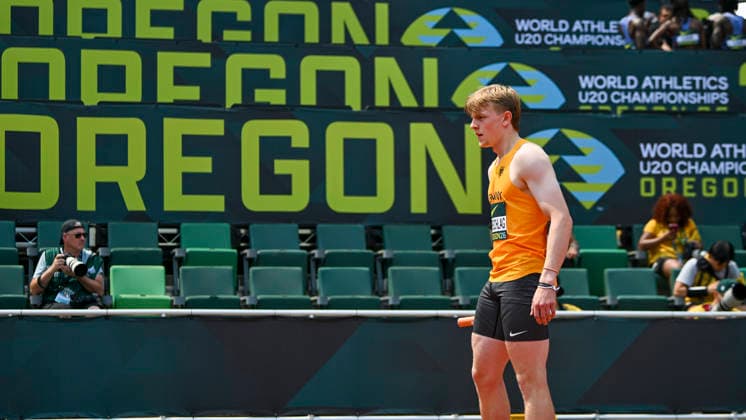 World Athletics U20 Championships Oregon 2026 EUGENE, UNITED STATES OF AMERICA - AUGUST 6, 2026 : Jakob Bauerschlag (GER) competing in the 4x100m during the World Athletics U20 Championships Oregon 2026 at Hayward Field on August 6, 2026 in Eugene, United States Of America. Copyright: xBEAUTIFULxSPORTS DecaxText&Bildx
