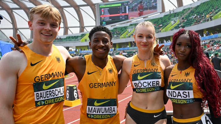 World Athletics U20 Championships Oregon 2026 EUGENE, UNITED STATES OF AMERICA - AUGUST 6, 2026 : Jakob Bauerschlag, Alvin Mawumba, Anne Böcker, Daryl Ndasi (GER) during the World Athletics U20 Championships Oregon 2026 at Hayward Field on August 6, 2026 in Eugene, United States Of America. Copyright: xBEAUTIFULxSPORTS DecaxText&Bildx