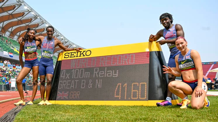 World Athletics U20 Championships Oregon 2026 EUGENE, UNITED STATES OF AMERICA - AUGUST 6, 2026 : 4x100m World Record of Great Britain competing during the World Athletics U20 Championships Oregon 2026 at Hayward Field on August 6, 2026 in Eugene, United States Of America. Copyright: xBEAUTIFULxSPORTS DecaxText&Bildx