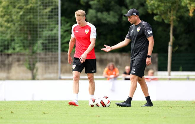 07.08.2026, Deutschland, Grassau, Fußball Bundesliga, Saison 2026 2027, Trainingslager VfB Stuttgart, v.l. Chris Führich, Nathaniel Weiss