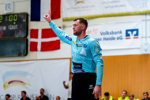 07.08.2026, xdobgx, Handball Heide-Cup 2026, TSV Hannover-Burgdorf - Mors Thy Handball v.l. Oliver Larsen (Mors-Thy Handbold, 20) Jubelt ueber gehaltenen Ball, abgewehrt, gehalten, Torhueter
