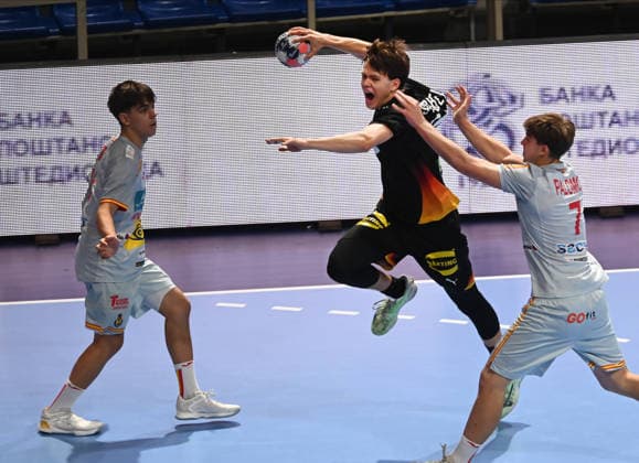 U18 GERMANY vs SPAIN LENN STROBEL, young handball player of U18 Germany, during the semi final match of European Championship, EM, Europameisterschaft against Spain, at Aleksandar Nikolic Hall. Belgrade, 07.08.2026. photo: Nebojsa Parausic MN Press HANDBALL, MEN™S U18 EHF EURO 2026, GERMANY, SPAIN Belgrade Hall Aleksandar Nikolic Serbia Copyright: xNebojsaxParausicx xMNxPressx