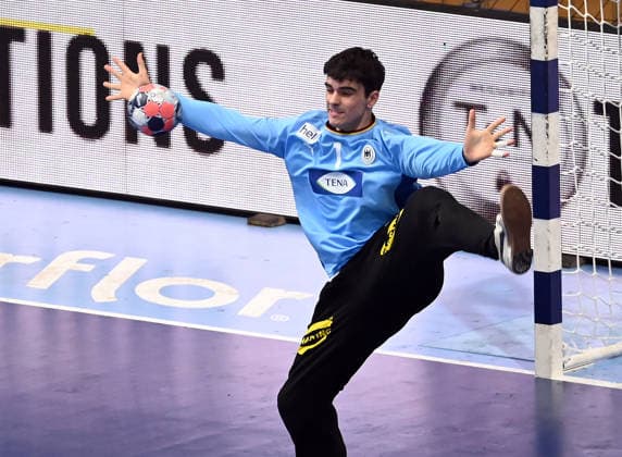 U18 GERMANY vs SPAIN TOBIAS DENGLER goalkeeper, young handball player of U18 Germany, during the semi final match of European Championship, EM, Europameisterschaft against Spain, at Aleksandar Nikolic Hall. Belgrade, 07.08.2026. photo: Nebojsa Parausic MN Press HANDBALL, MEN™S U18 EHF EURO 2026, GERMANY, SPAIN Belgrade Hall Aleksandar Nikolic Serbia Copyright: xNebojsaxParausicx xMNxPressx