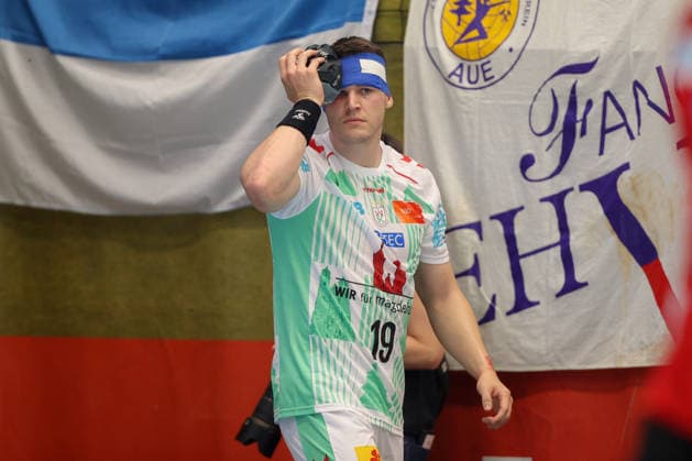 07.08.2026, xtgx, Handball Turnier, EHV Aue - SC Magdeburg emspor, v.l. Elvar Orn Jonsson (Magdeburg, 19) verletzt, Verletzung, Auge Lößnitz