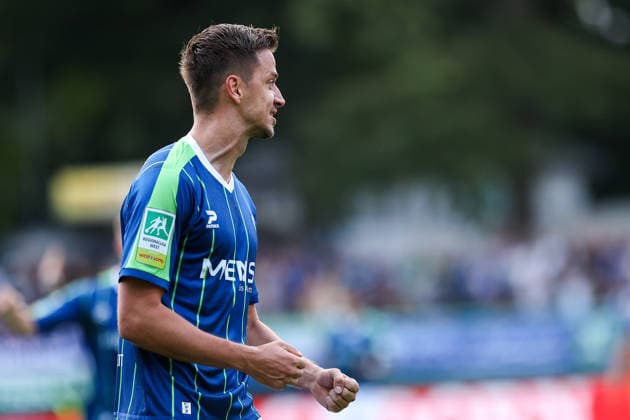 2026.08.07, xkwix, Fußball, Regionalliga West, FC Gütersloh - VfL Bochum II, Heidewaldstadion, 2.Spieltag, Saison 2026 2027: Jubel nach Tor zum 1:0 durch Patrik Twardzik (FC Gütersloh 18) DFB regulations prohibit any use of photographs as image sequences and or quasi-video. Photo: xKamilxWilkowskixPressefotoKochx Nordrhein-Westfalen Deutschland