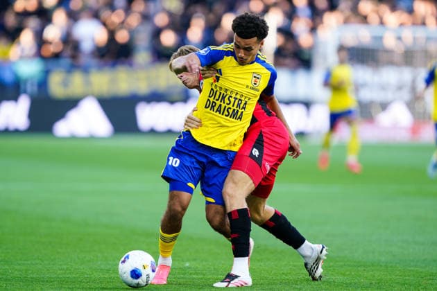 2026-08-07 SC Cambuur v Excelsior LEEUWARDEN, NETHERLANDS - AUGUST 7: Rafik El Arguioui of SC Cambuur, Jan Plug of Excelsior Rotterdam during the VriendenLoterij Eredivisie match between SC Cambuur and Excelsior at Kooi Stadion on August 7, 2026 in Leeuwarden, Netherlands. Leeuwarden Kooi Stadion Netherlands Content not available for redistribution in The Netherlands directly or indirectly through any third parties. Copyright: xAndrexWeeningx
