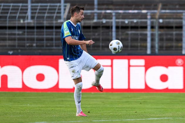 2026.08.07, xkwix, Fußball, Regionalliga West, FC Gütersloh - VfL Bochum II, Heidewaldstadion, 2.Spieltag, Saison 2026 2027: Patrik Twardzik (FC Gütersloh 18) beim Torschuss DFB regulations prohibit any use of photographs as image sequences and or quasi-video. Photo: xKamilxWilkowskixPressefotoKochx Nordrhein-Westfalen Deutschland