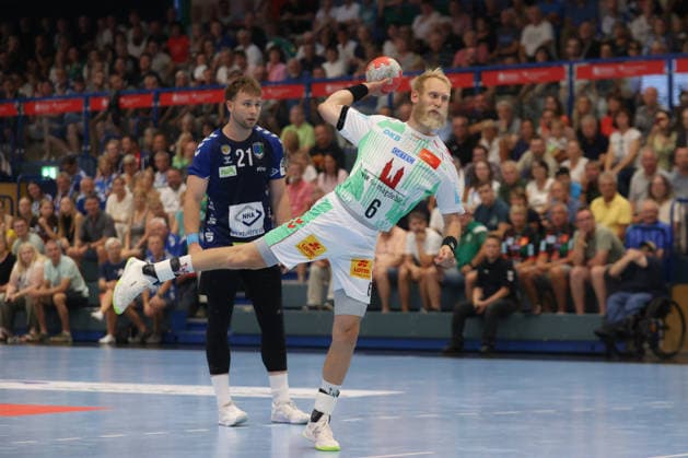 07.08.2026, xtgx, Handball Turnier, EHV Aue - SC Magdeburg emspor, v.l. Matthias Musche (Magdeburg, 6) wirft Tor, Torschuetze, erzielt Tor, Treffer, scores the goal Lößnitz