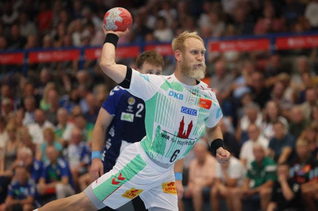 07.08.2026, xtgx, Handball Turnier, EHV Aue - SC Magdeburg emspor, v.l. Matthias Musche (Magdeburg, 6) wirft Tor, Torschuetze, erzielt Tor, Treffer, scores the goal Lößnitz