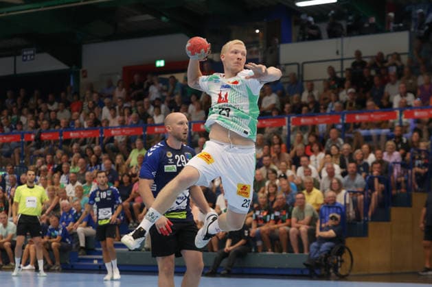 07.08.2026, xtgx, Handball Turnier, EHV Aue - SC Magdeburg emspor, v.l. Magnus Saugstrup (Magdeburg, 23) wirft Tor, Torschuetze, erzielt Tor, Treffer, scores the goal Lößnitz