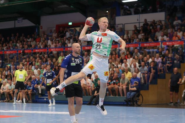 07.08.2026, xtgx, Handball Turnier, EHV Aue - SC Magdeburg emspor, v.l. Magnus Saugstrup (Magdeburg, 23) wirft Tor, Torschuetze, erzielt Tor, Treffer, scores the goal Lößnitz
