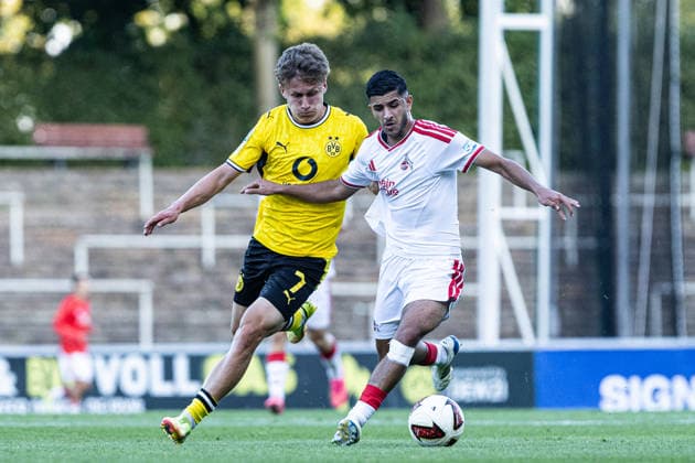 Regionalliga West: Borussia Dortmund II - 1.FC Köln II, 07.08.2026 Tim Degener (Borussia Dortmund U23, 7), Kian Hekmat (1. FC Köln U23, 18) Regionalliga West: Borussia Dortmund II - 1.FC Köln II, Rote Erde, Dortmund; 07.08.2026 DFB regulations prohibit any use of photographs as image sequences and or quasi video. Copyright: xBEAUTIFULxSPORTS Buriakovx