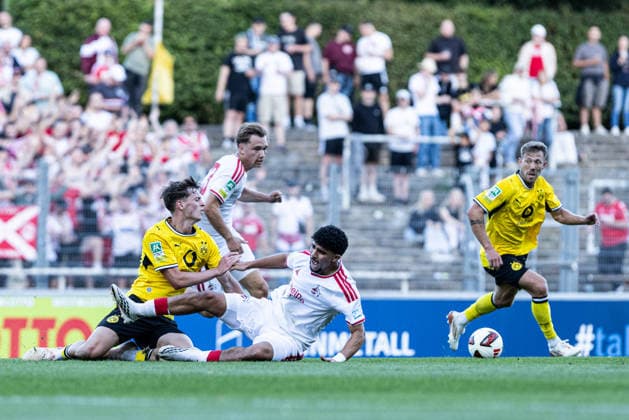Regionalliga West: Borussia Dortmund II - 1.FC Köln II, 07.08.2026 Finn Fuchs (Borussia Dortmund U23, 3), Fayssal Harchaoui (1. FC Köln U23, 15) Regionalliga West: Borussia Dortmund II - 1.FC Köln II, Rote Erde, Dortmund; 07.08.2026 DFB regulations prohibit any use of photographs as image sequences and or quasi video. Copyright: xBEAUTIFULxSPORTS Buriakovx