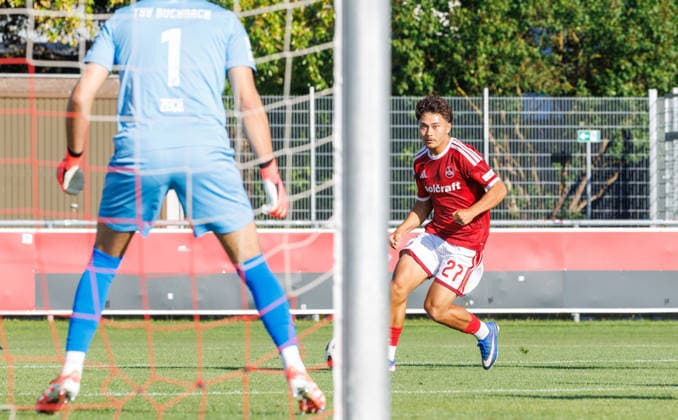 07.08.2026 - Fussball - Saison 2026 2027 - Regionalliga Bayern - 03. Spieltag: 1. FC Nürnberg FCN II ( Club ) - TSV Buchbach - DaMa - xdaxmax - Ludwig Zech (1, TSV Buchbach ) Justin von der Hitz (27, 1. FC Nürnberg FCN II )