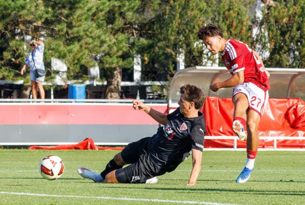 07.08.2026 - Fussball - Saison 2026 2027 - Regionalliga Bayern - 03. Spieltag: 1. FC Nürnberg FCN II ( Club ) - TSV Buchbach - DaMa - xdaxmax - Justin von der Hitz (27, 1. FC Nürnberg FCN II ) mit Torschuss