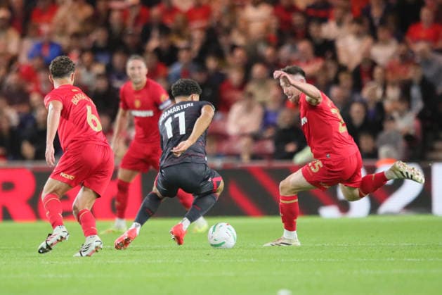 Middlesbrough v Wrexham FC, EFL Cup Bailey-Tye Cadamarteri of Wrexham and George Edmundson of Middlesbrough during the EFL Cup match between Middlesbrough and Wrexham FC at the Riverside Stadium, Middlesbrough, UK on 7 August 2026. Middlesbrough Riverside Stadium North Yorkshire UK Editorial use only DataCo restrictions apply See www.football-dataco.com , Copyright: xAlunxRobertsx PSI-24667-0056