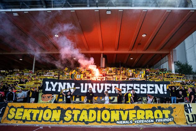 Regionalliga West: Borussia Dortmund II - 1.FC Köln II, 07.08.2026 Fans von Borussia Dortmund U23 mit dem Banner. Schriftzug lautet Lynn-unvergessen Regionalliga West: Borussia Dortmund II - 1.FC Köln II, Rote Erde, Dortmund; 07.08.2026 DFB regulations prohibit any use of photographs as image sequences and or quasi video. Copyright: xBEAUTIFULxSPORTS Buriakovx