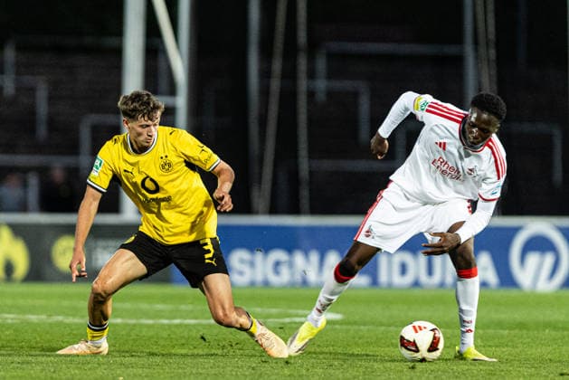 Regionalliga West: Borussia Dortmund II - 1.FC Köln II, 07.08.2026 Finn Fuchs (Borussia Dortmund U23, 3), David Okpodu (1. FC Köln U23, 20) Regionalliga West: Borussia Dortmund II - 1.FC Köln II, Rote Erde, Dortmund; 07.08.2026 DFB regulations prohibit any use of photographs as image sequences and or quasi video. Copyright: xBEAUTIFULxSPORTS Buriakovx