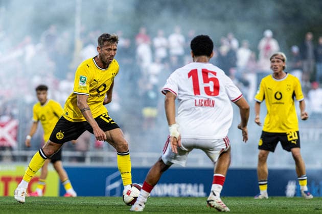 Regionalliga West: Borussia Dortmund II - 1.FC Köln II, 07.08.2026 Connor Krempicki (Borussia Dortmund U23, 13), Fayssal Harchaoui (1. FC Köln U23, 15) Regionalliga West: Borussia Dortmund II - 1.FC Köln II, Rote Erde, Dortmund; 07.08.2026 DFB regulations prohibit any use of photographs as image sequences and or quasi video. Copyright: xBEAUTIFULxSPORTS Buriakovx