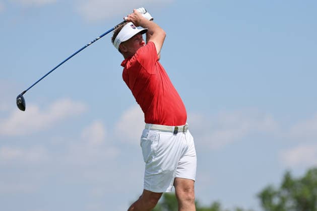 BEDMINSTER, NJ - AUGUST 07: Ian Poulter of the LIV Golf League tees off on the 9th hole during the second round of LIV Golf New York on August 7, 2026 at Trump National Golf Club in Bedminster, New Jersey. (Photo by Andrew Mordzynski Icon Sportswire) GOLF: AUG 07 LIV Golf New York EDITORIAL USE ONLY Icon2608078141606