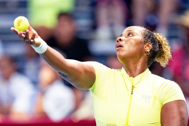 TORONTO, ON - AUGUST 07: Taylor Townsend of the United States serves the ball during her match at the WTA, Tennis Damen National Bank Open tournament on August 7, 2026 at Sobeys Stadium in Toronto, ON, Canada (Photo by Julian Avram Icon Sportswire) TENNIS: AUG 07 National Bank Open EDITORIAL USE ONLY Icon2608071459