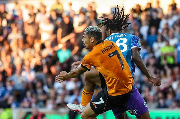 Wolverhampton Wanderers v Port Vale - Carabao Cup First Round Andre of Wolverhampton Wanderers denies Rhys Anthony Walters, wearing number 38, of Port Vale FC during the Carabao Cup First Round match between Wolverhampton Wanderers and Port Vale at Molineux in Wolverhampton. Wolverhampton West Midlands United Kingdom  Copyright: xMIxNewsx originalFilename:fletcher-wolverha260807_npbnE