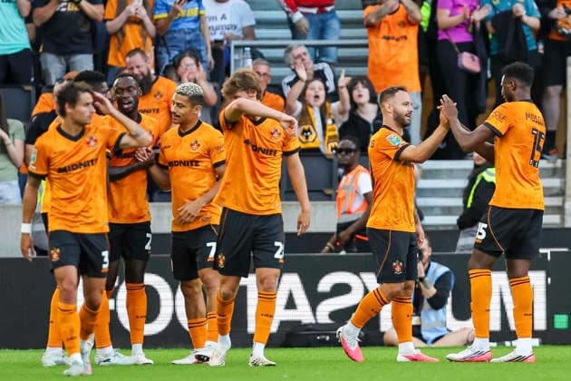 Wolverhampton Wanderers v Port Vale - Carabao Cup First Round Adam Armstrong of Wolverhampton Wanderers is congratulated by Yerson Mosquera during the Carabao Cup First Round match between Wolverhampton Wanderers and Port Vale at Molineux, Wolverhampton. Wolverhampton West Midlands United Kingdom  Copyright: xMIxNewsx originalFilename:fletcher-wolverha260807_npBrh