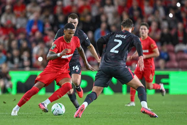 Middlesbrough v Wrexham - Carabao Cup First Round Morgan Whittaker of Middlesbrough drives forward with the ball during the Carabao Cup 1st Round match between Middlesbrough and Wrexham at the Riverside Stadium in Middlesbrough, United Kingdom. Middlesbrough North Yorkshire United Kingdom  Copyright: xMIxNewsx originalFilename:fletcher-middlesb260807_npP3B.jpg