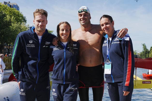 Italy team silver medal with Gregorio Paltrinieri (Guidi, Taddeucci, Paltrinieri, Pozzobon) during 4x1500 Open Water Relay at the European Aquatics Championships Paris 2026, Paris, August 08, 2026 .  Copyright: xGianxMattiaxD Alberto LaPressex