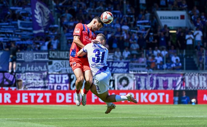08.08.2026, xemx, Fussball 2.Bundesliga, 1.FC Heidenheim - VfL Osnabrück v.l. Oualid Mhamdi (1.FC Heidenheim), Patrick Kammerbauer (VfL Osnabrück) Zweikampf, Aktion, action, battle for the ball (DFL DFB REGULATIONS PROHIBIT ANY USE OF PHOTOGRAPHS as IMAGE SEQUENCES and or QUASI-VIDEO) Heidenheim