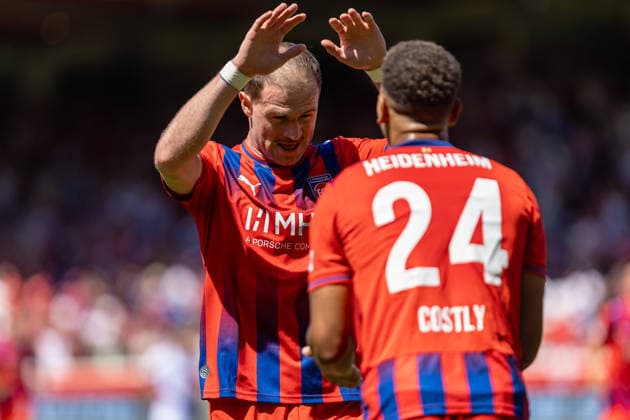 Tor Torjubel Jubel Freude Emotionen Mimik Gestik 2:0 Budu Zivzivadze (1.FC Heidenheim, 11) Marcel Costly (1.FC Heidenheim, 24), GER, 1.FC Heidenheim vs. VfL Osnabrueck, Fussball, 2. Bundesliga, 01. Spieltag, Spielzeit 2026 2027, 08.08.2026, DFL DFB REGULATIONS PROHIBIT ANY USE OF PHOTOGRAPHS AS IMAGE SEQUENCES AND OR QUASI-VIDEO, GER, 1.FC Heidenheim vs. VfL Osnabrueck, Fussball, 2. Bundesliga, 01. Spieltag, Spielzeit 2026 2027, 08.08.2026 Heidenheim Copyright: xEibner-Pressefoto JanixPlessx EP_JPL