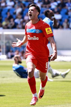 08.08.2026, xtvx, Fussball 2.Bundesliga, SV Darmstadt 98 - Holstein Kiel v.l. Goal scored, Tor zum 0:1 Guillermo Balzi (Holstein Kiel) Torjubel, Goal celebration, celebrate the goal, celebrates scoring (DFL DFB REGULATIONS PROHIBIT ANY USE OF PHOTOGRAPHS as IMAGE SEQUENCES and or QUASI-VIDEO) Darmstadt